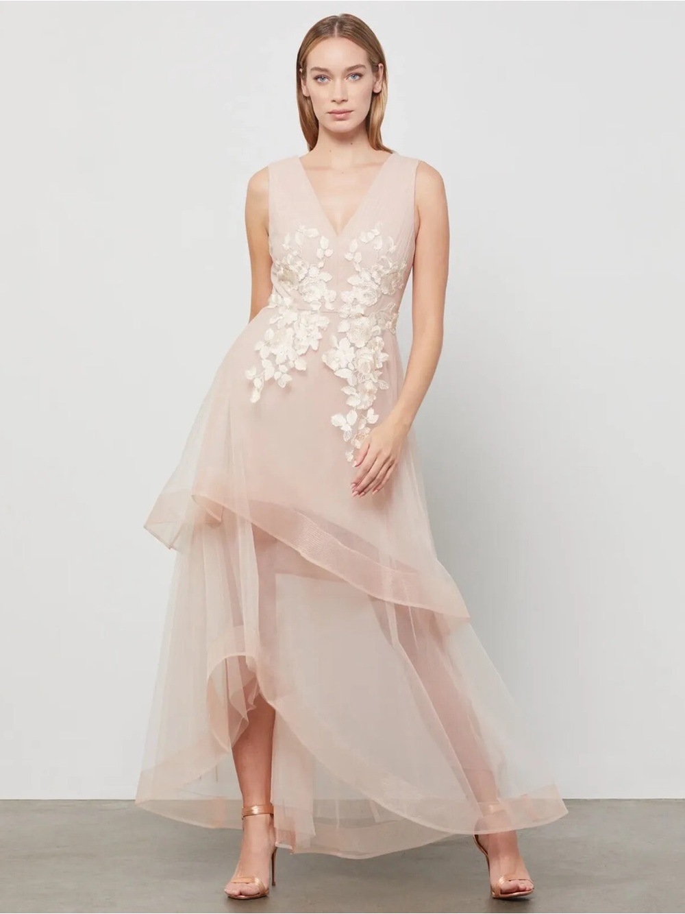 BCBG Maxazria Blush Pink Floral Applique High-Low Tulle Dress
